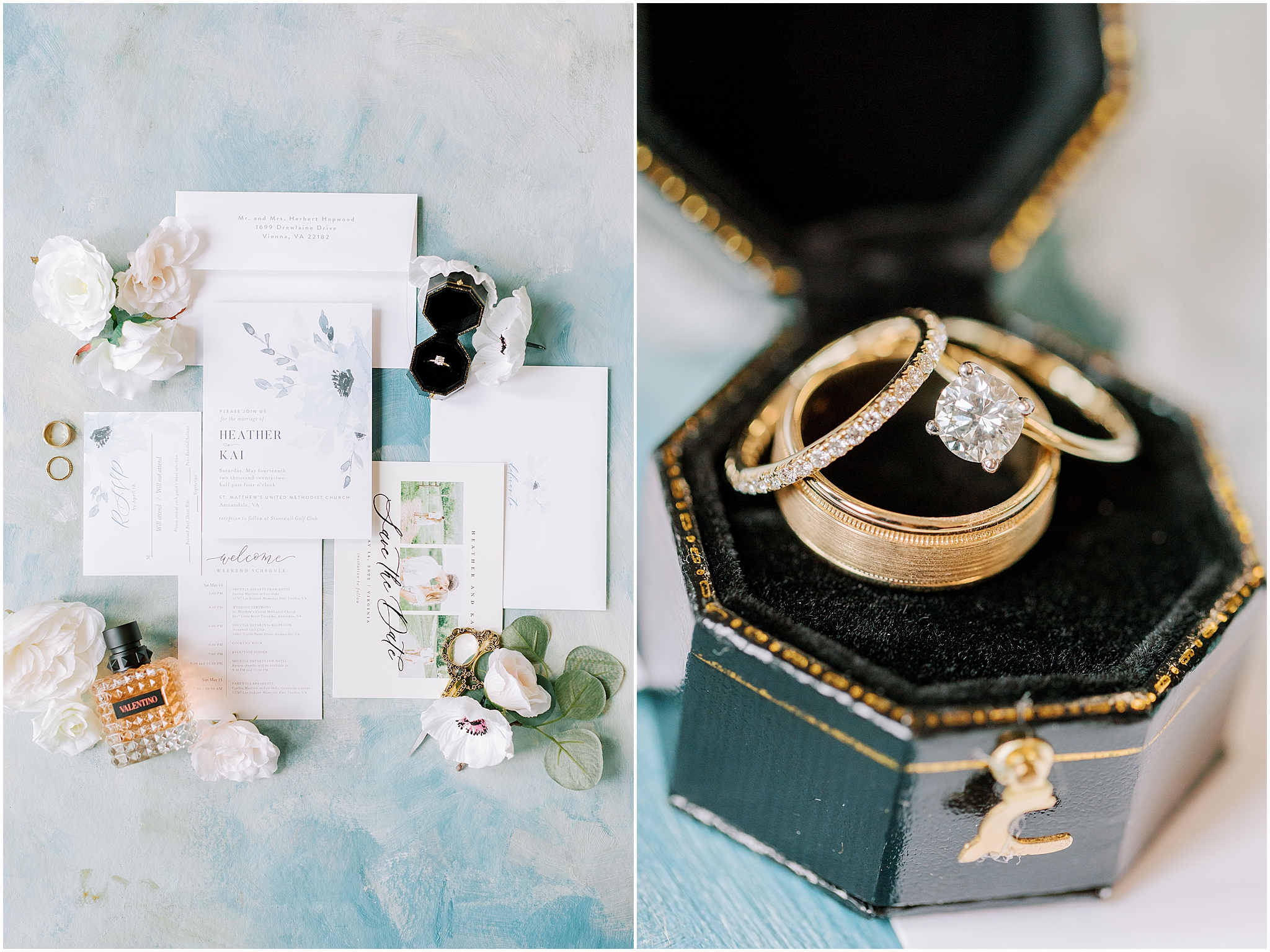flatlay of invitation suite on blue watercolor background