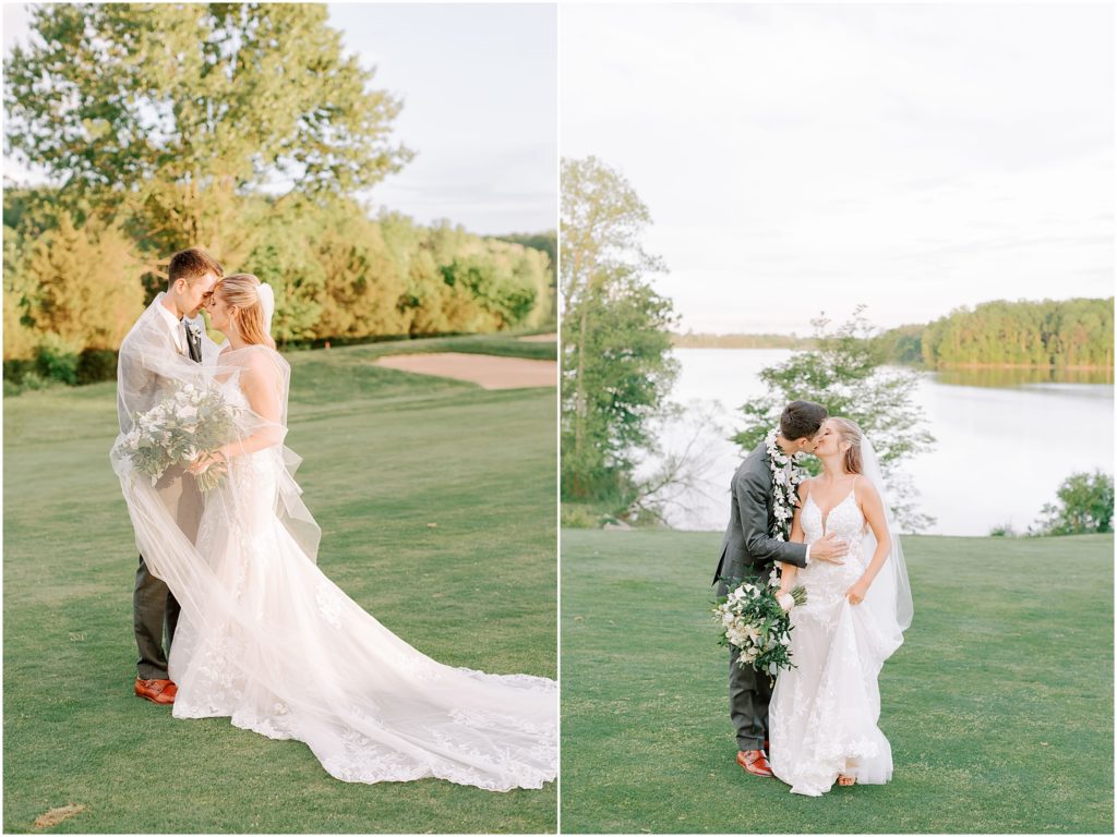 couple kiss in front of lake at Stonewall Golf Club wedding
