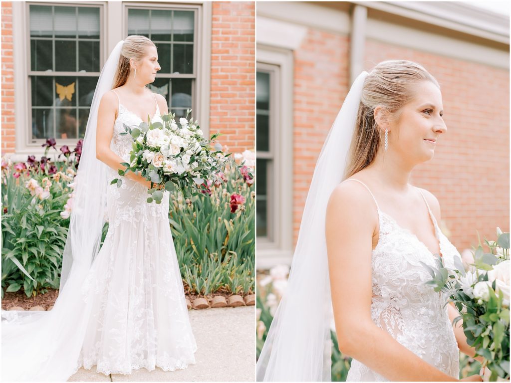 bride posed with lush white and greenery bouquet on wedding day