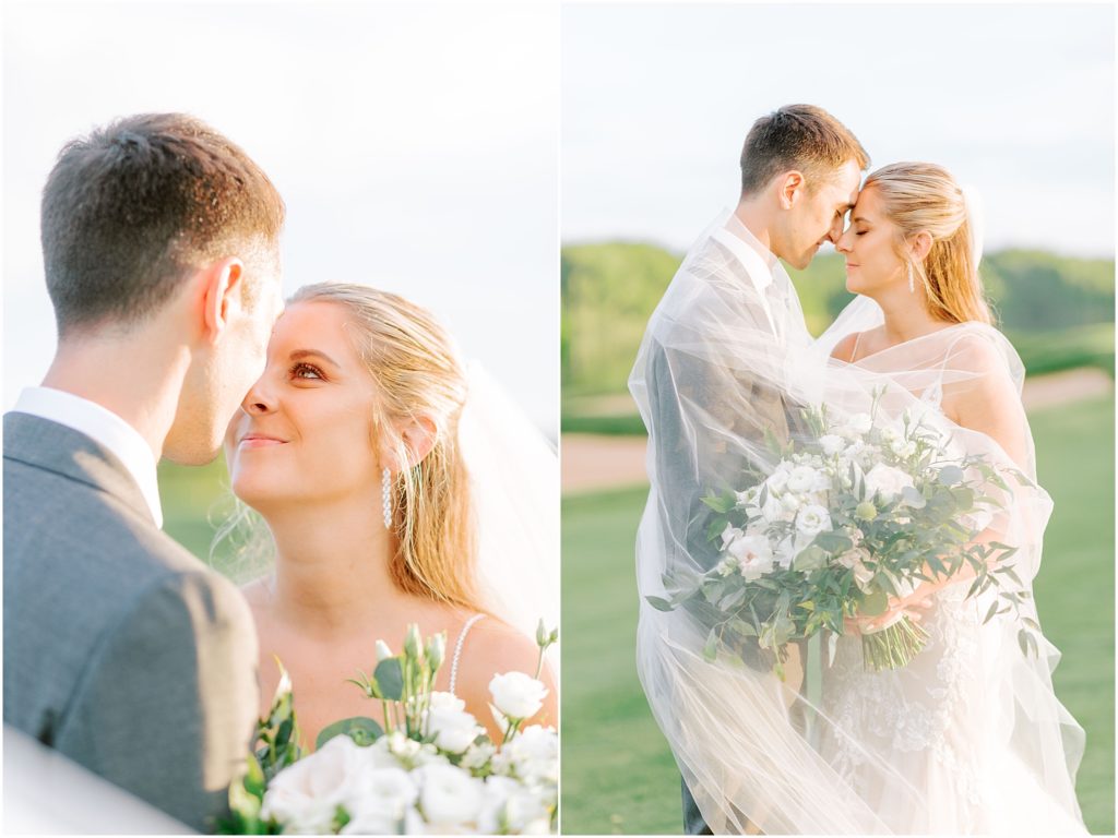 couple standing nose to nose wrapped in bride's veil