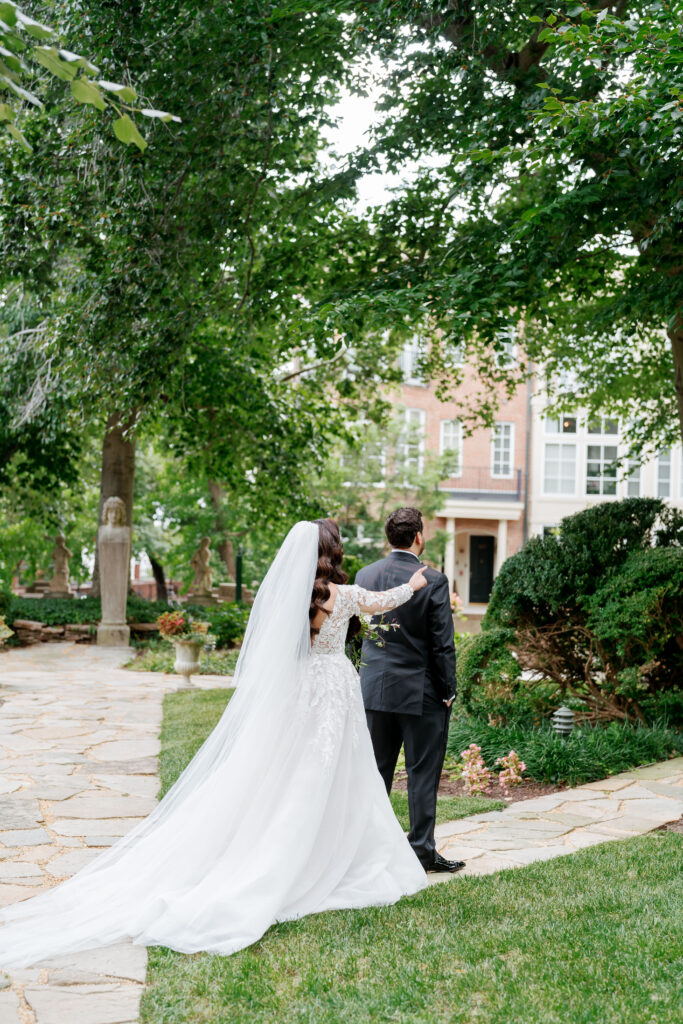 Bride and groom first look in the gardens at Meridian House in Washington DC
