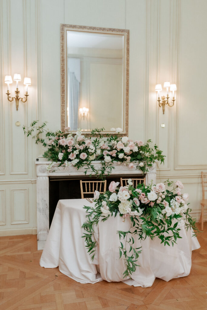 Sweetheart table at Meridian House wedding with blush and ivory flowers and greenery