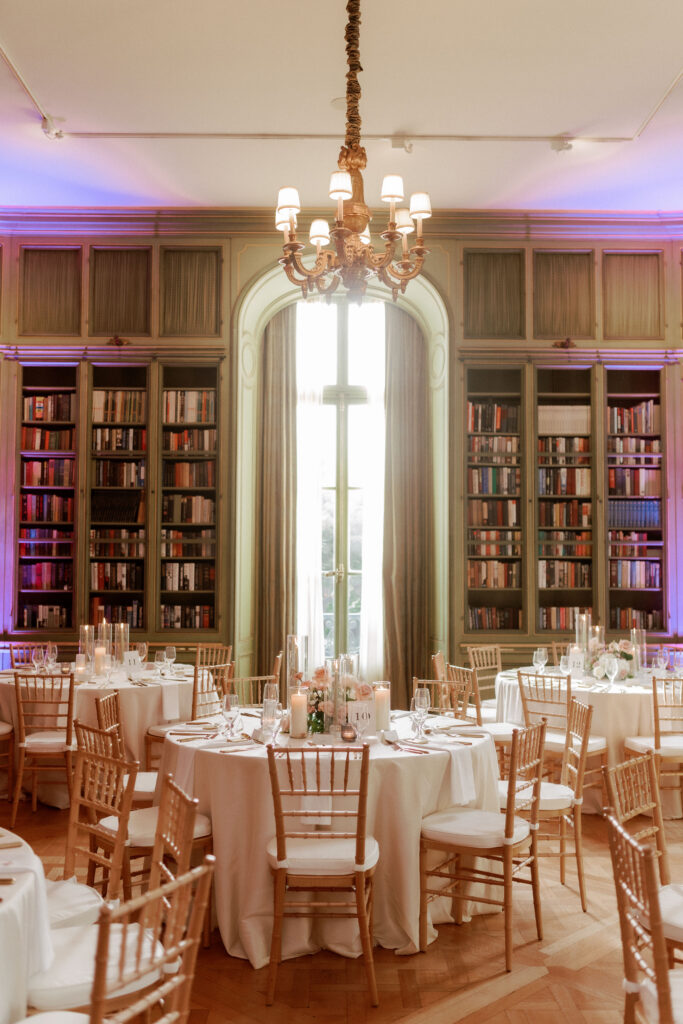 Wedding reception tablescape in library at Meridian House in Washington DC