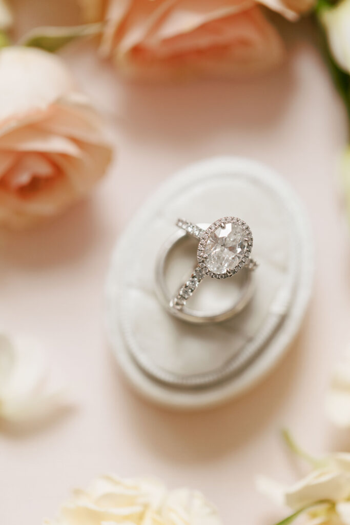 Close up of bride's engagement ring and wedding band